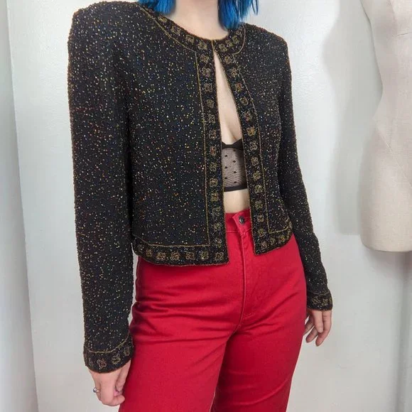 Vintage 90s Black & Multi Color Heavily Beaded Evening Jacket - Picture 3 of 10